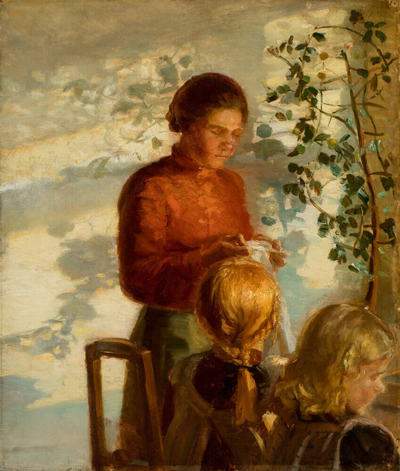 Two Little Girls being Taught How to Sew, 1907